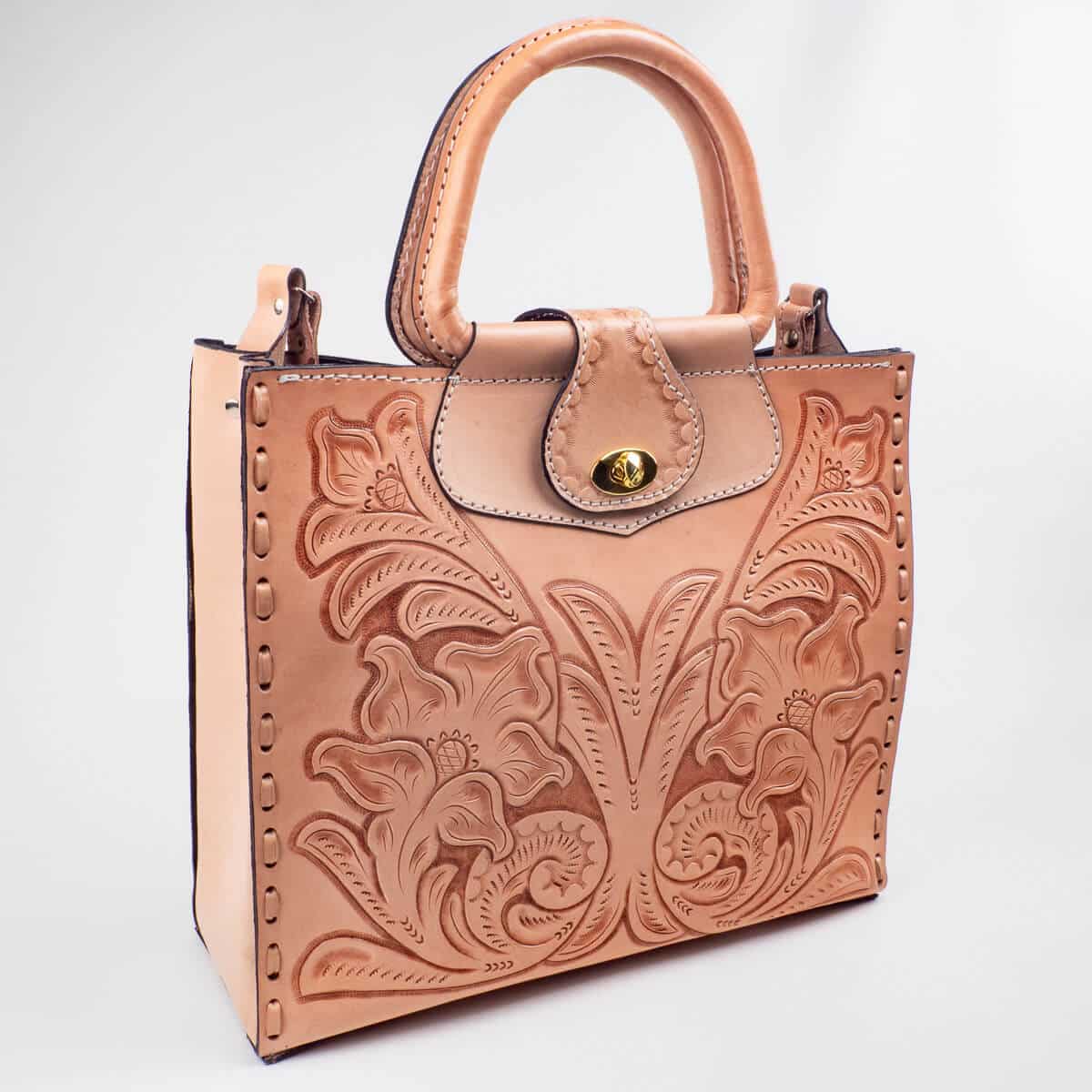Handmade Chapala tooled leather tan almond color handbag