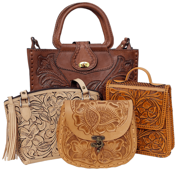 Handmade leather purse collection with tooled floral designs